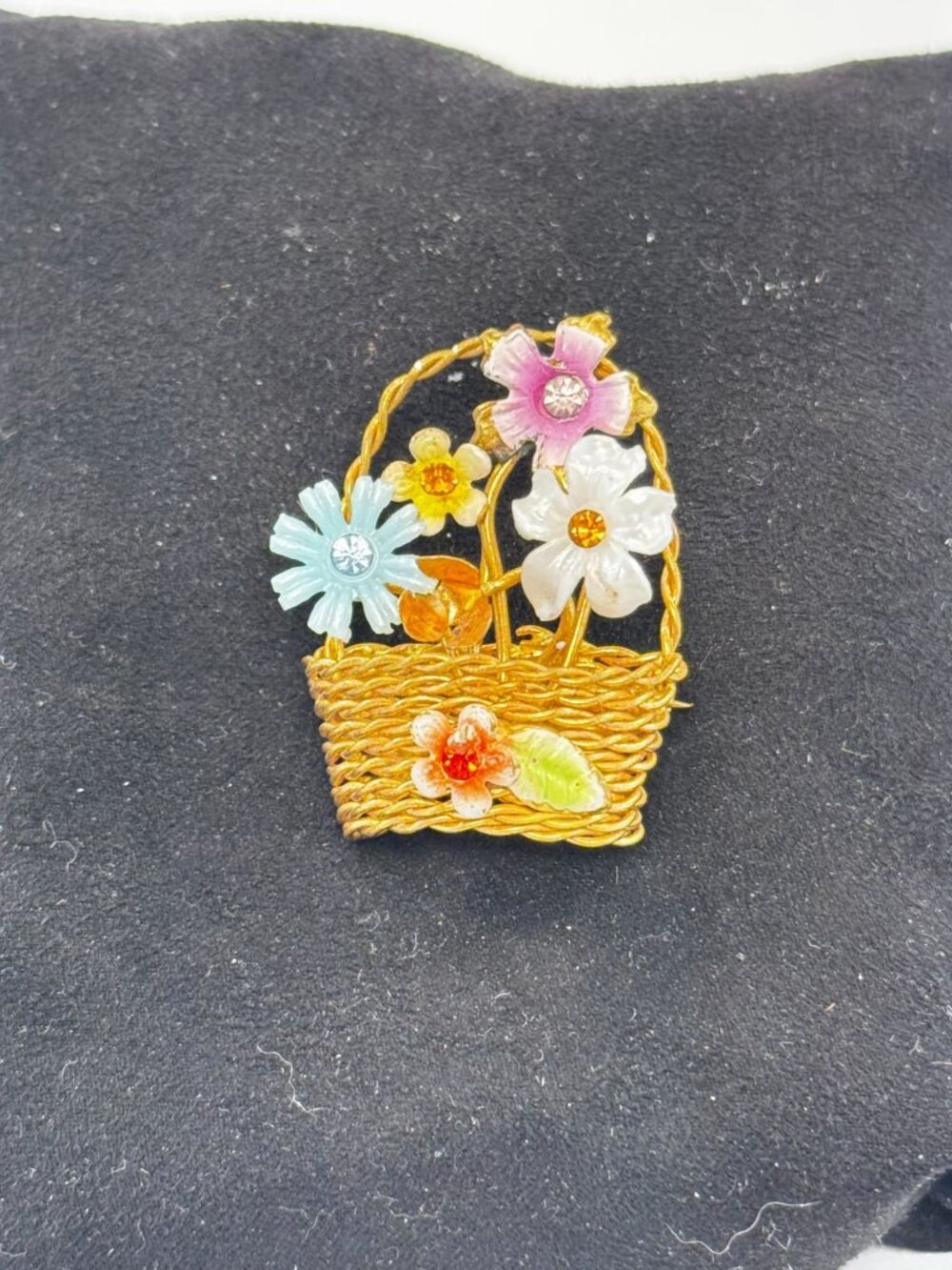 Vintage Austria Flower Basket Brooch Molded Lucite Rhinestone Floral Pin